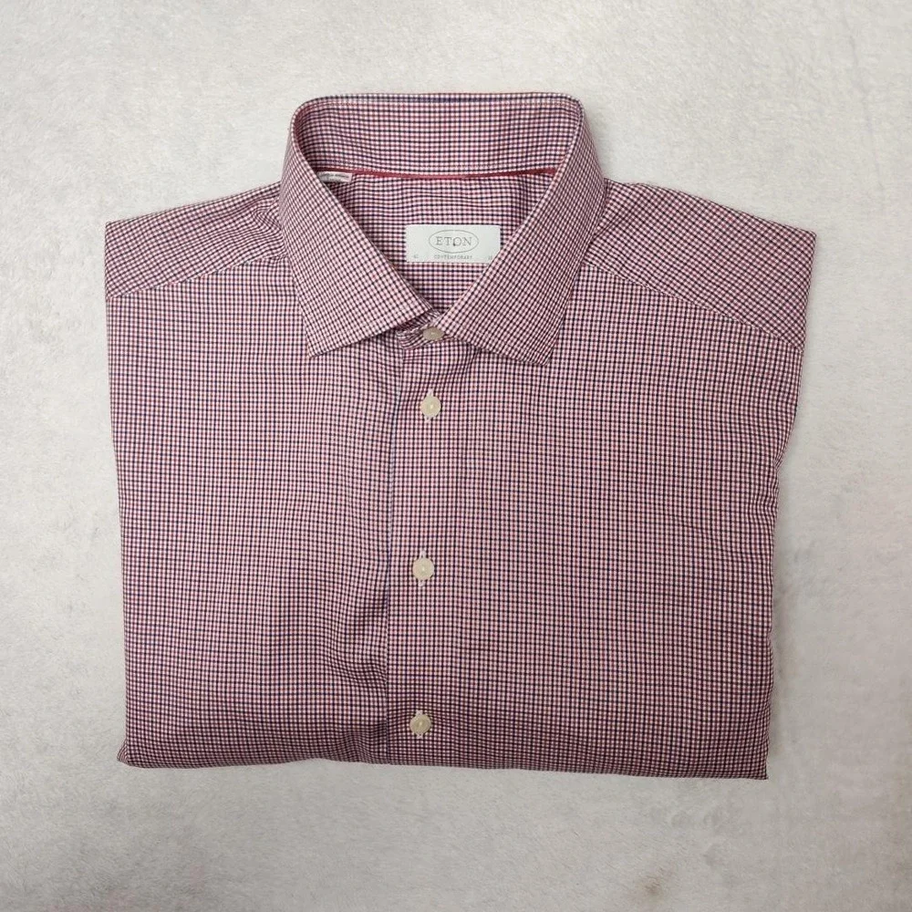 Eton Shirt Mens 16 Red Plaid Point Collar Contemporary Dress Long Sleeve Work